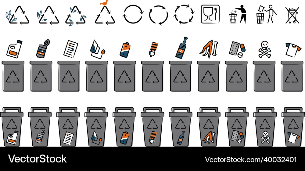 Set of recycle icons and trash containers Vector Image
