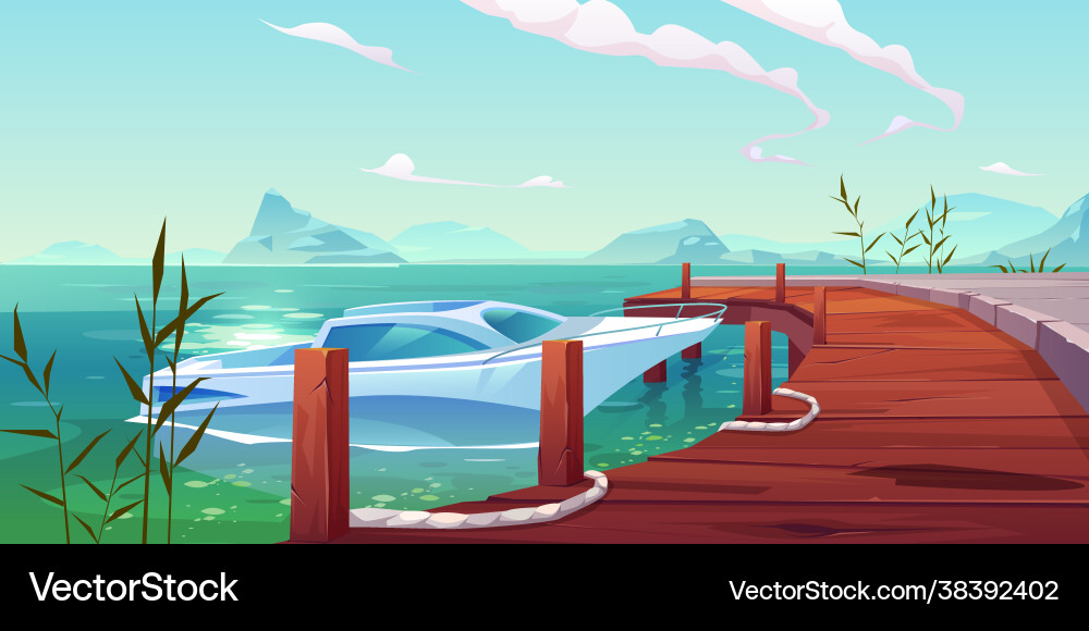 Boat yacht moored to wooden pier on river or lake Boat yacht moored to wooden pier on river or lake vector image
