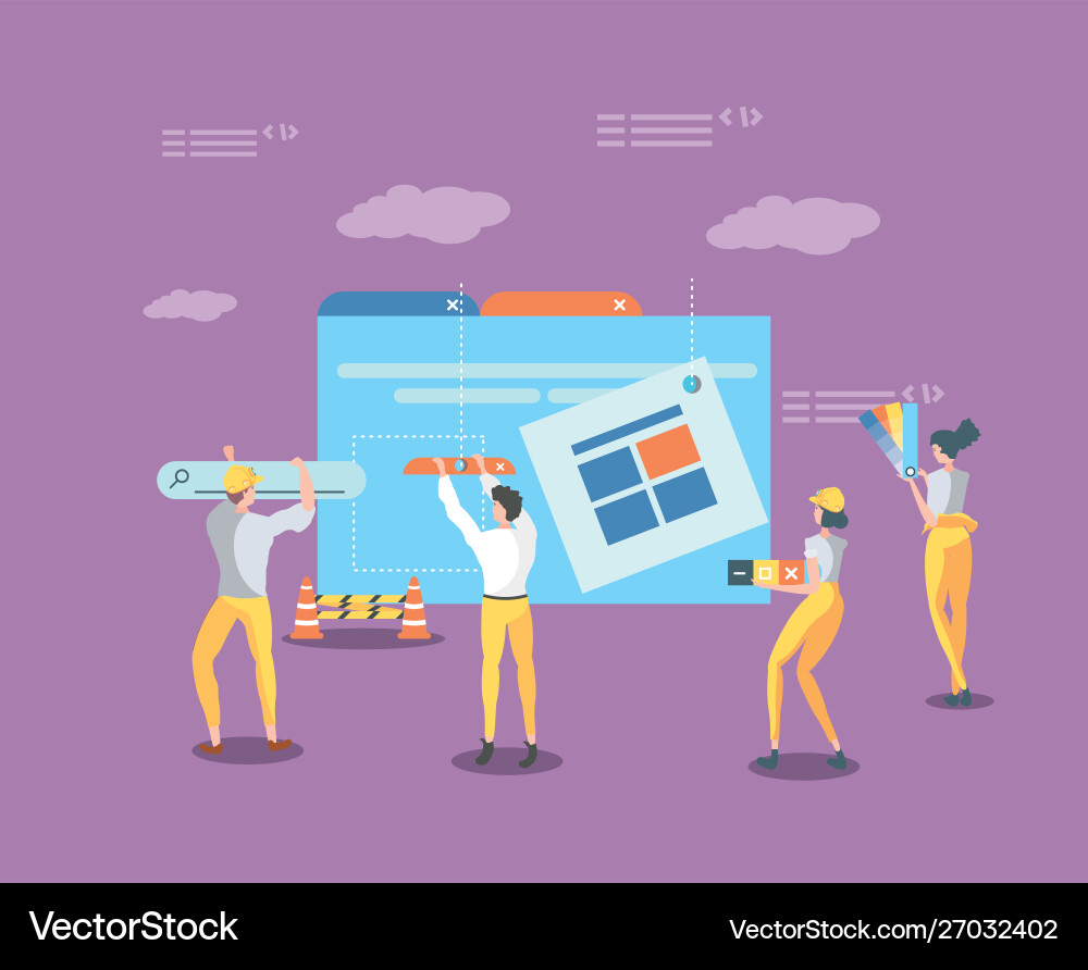 Buiders and data folder with webpage under vector image