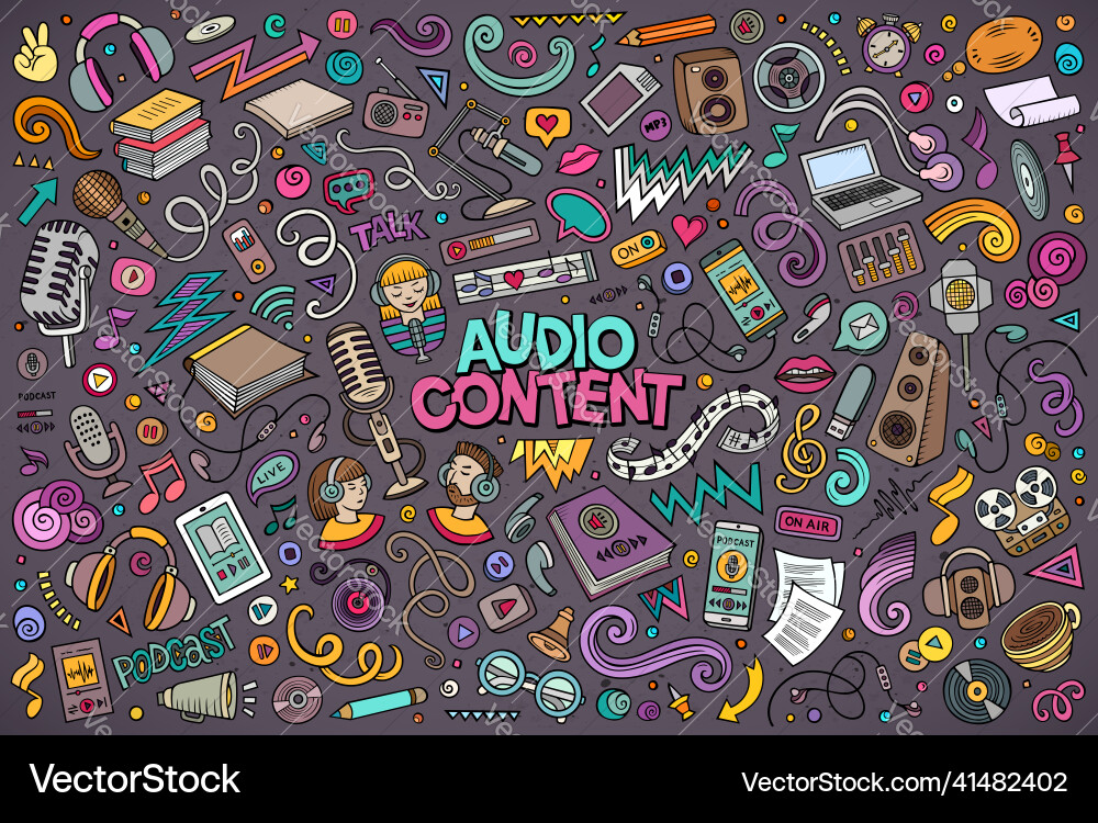 Colorful set of audio content theme objects Colorful set of audio content theme objects vector image