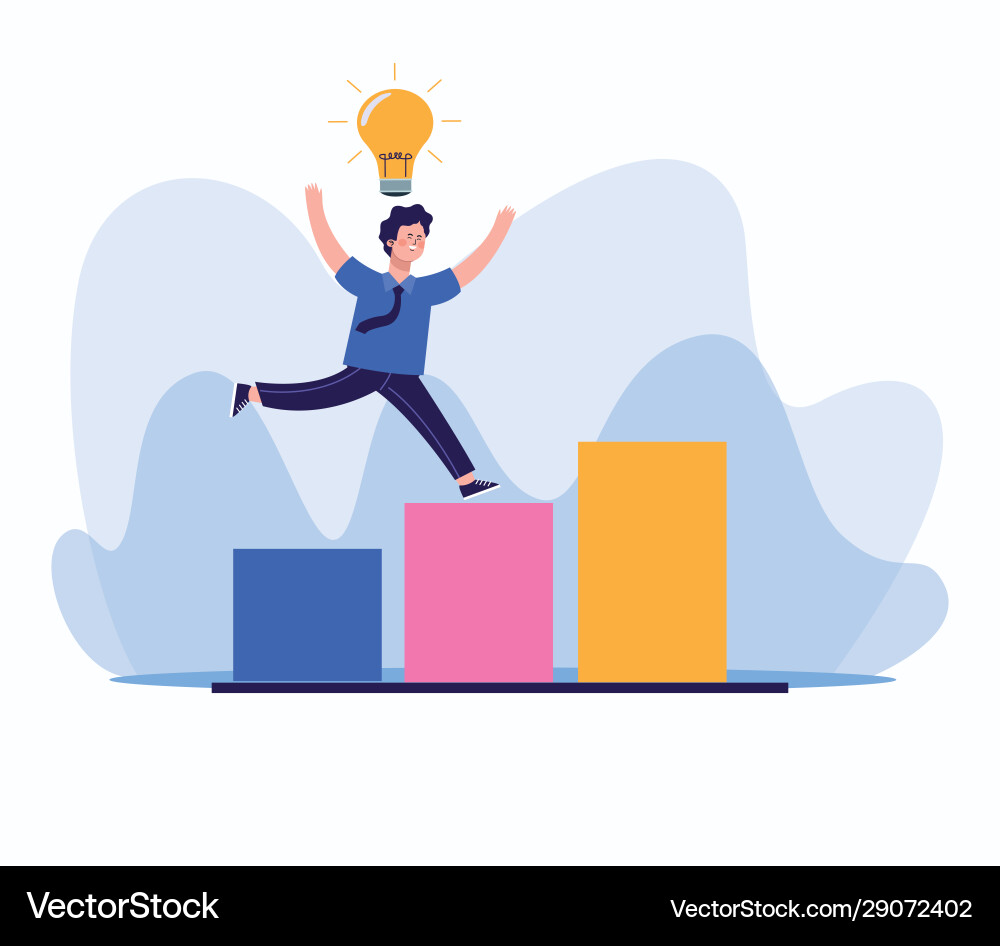 Man with bulb on chart bar graph colorful design Man with bulb on chart bar graph colorful design Vector Image