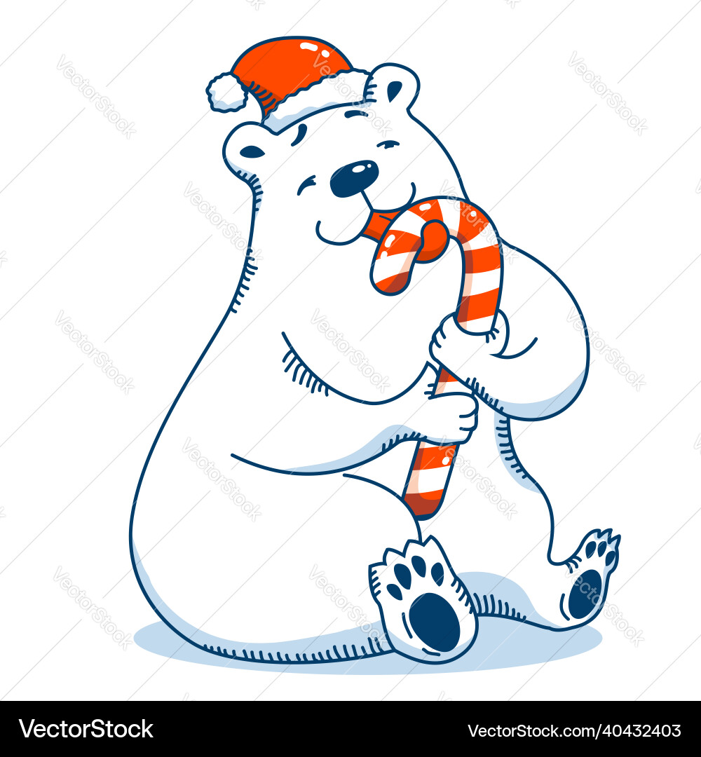 Cute Polar Bear with Candy Cane Vector Image