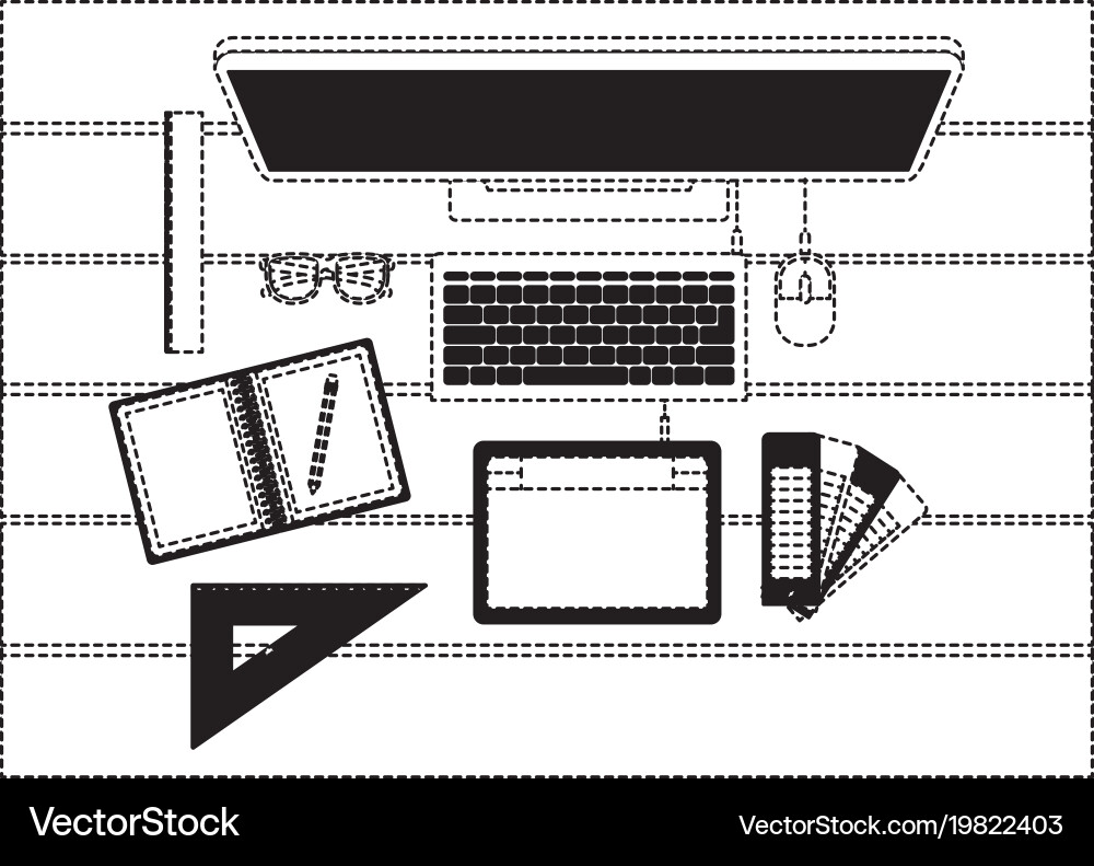Desktop computer and drawing tools over desk vector image