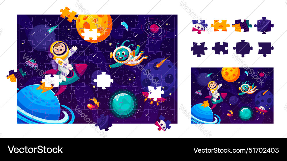 Kid astronaut in outer space jigsaw puzzle game Vector Image