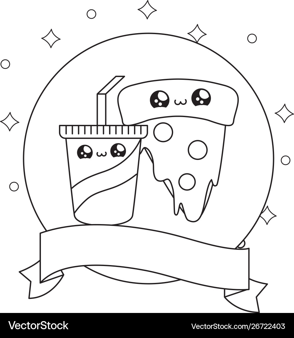 Slice pizza and drink in frame circular Slice pizza and drink in frame circular Vector Image