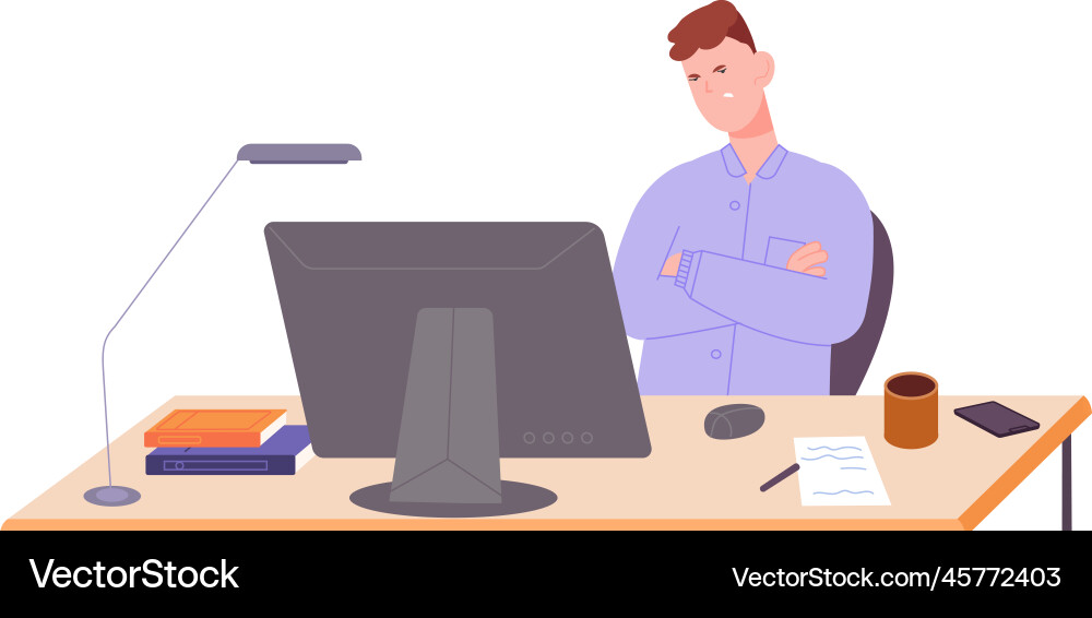 Tired man at computer workplace work problem Tired man at computer workplace work problem vector image