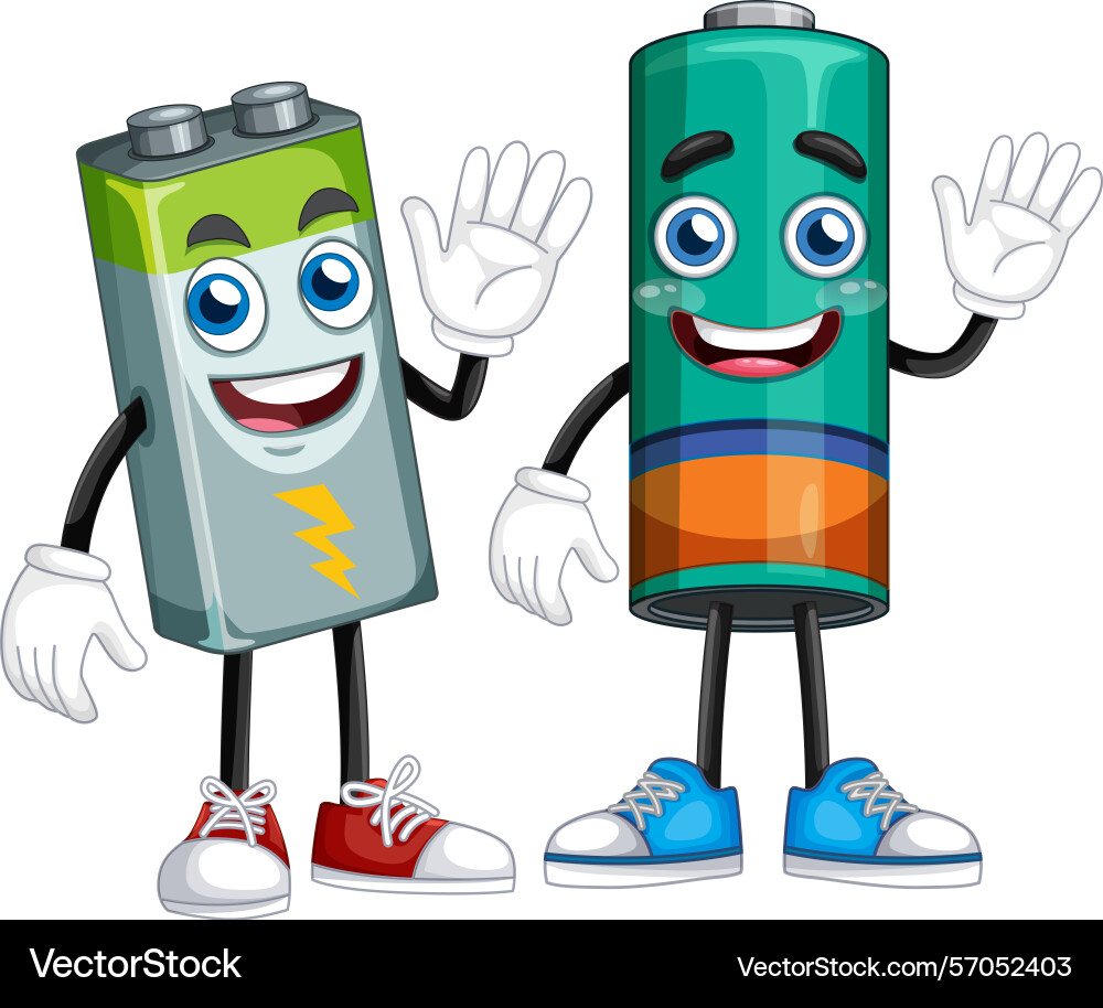 Two animated battery characters with smiling Two animated battery characters with smiling Vector Image