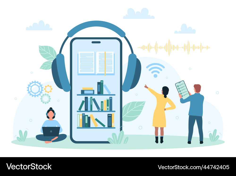 Audiobook mobile app tiny people using library Vector Image