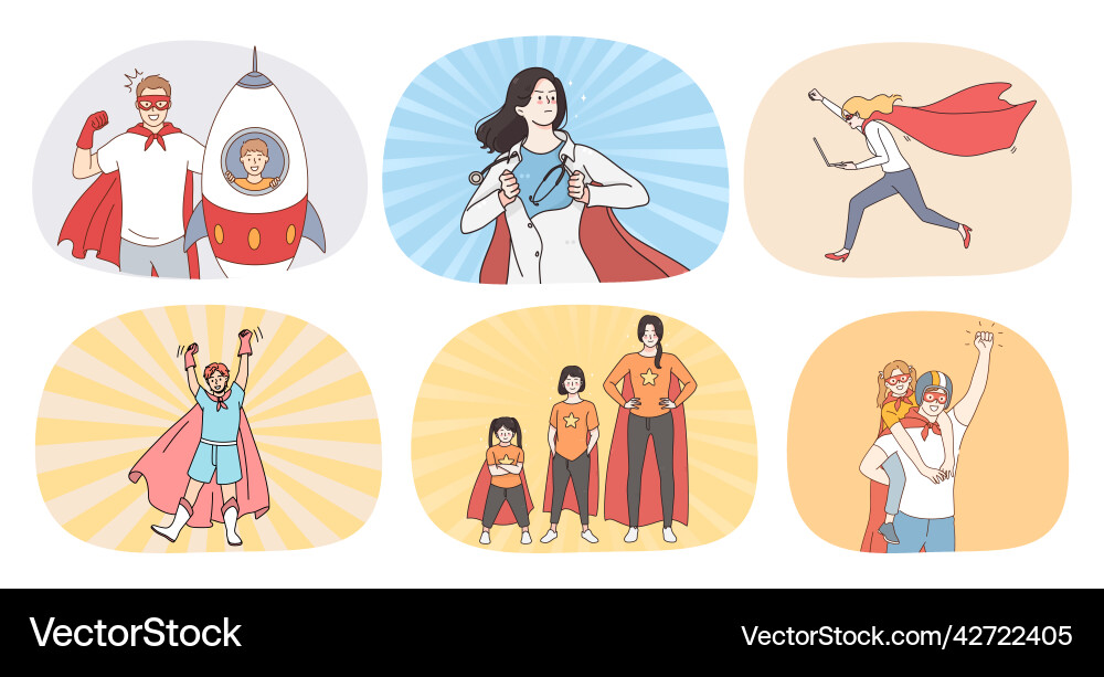 Set von verschiedenen Menschen in Superheld Kostümen Set von verschiedenen Menschen in Superheld Kostümen vektorbild