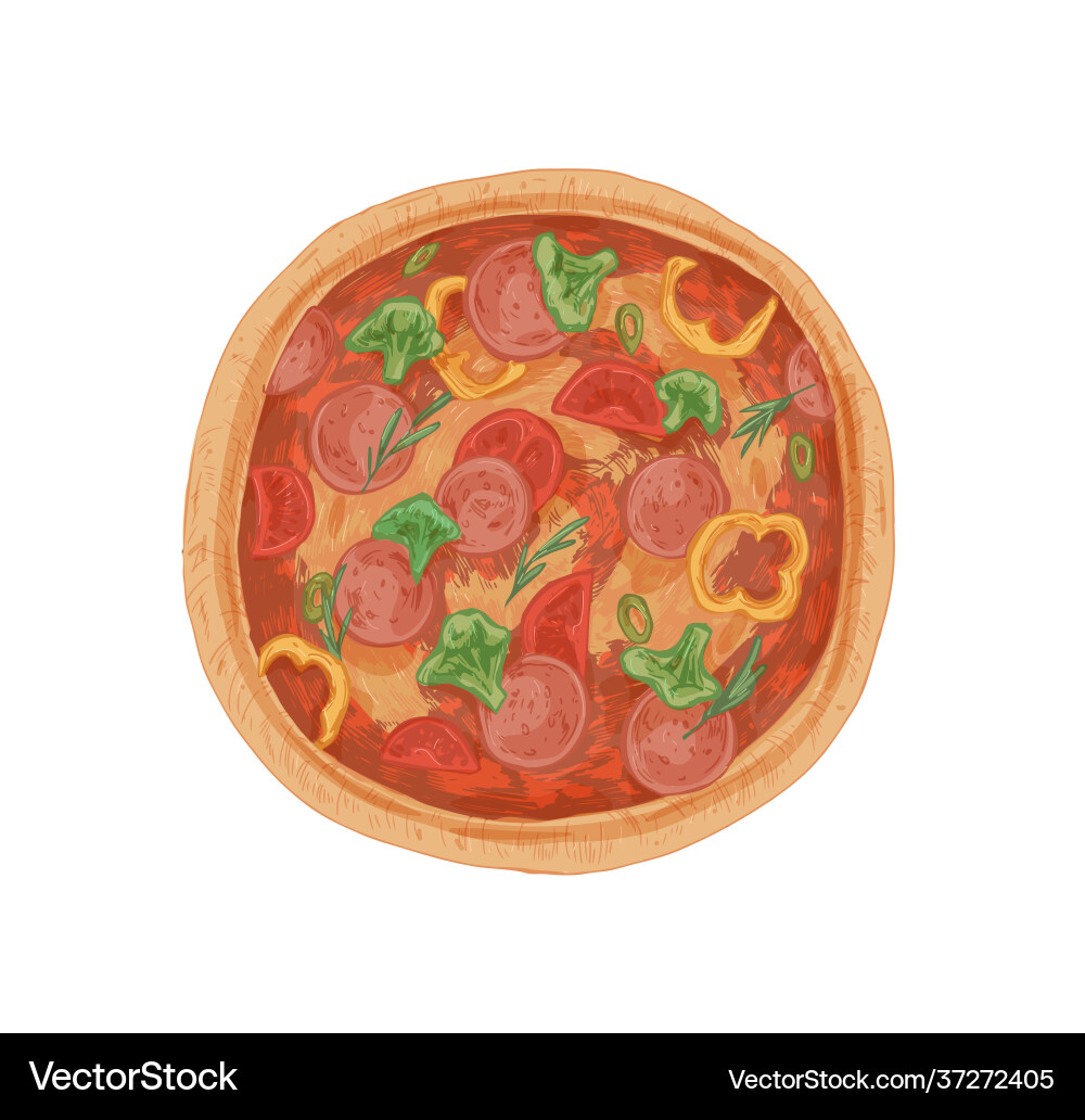 Volle Brokkoli und Salami Pizza mit Pfeffer Volle Brokkoli und Salami Pizza mit Pfeffer vektorbild