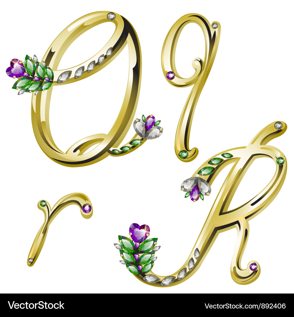 Gold alphabet with diamonds and gems letters qr Vector Image