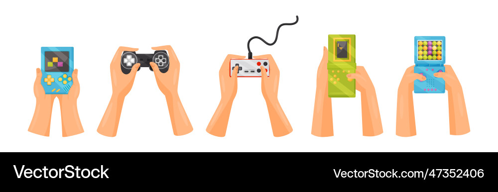 Hands holding gamepads or controller playing video Hands holding gamepads or controller playing video vector image