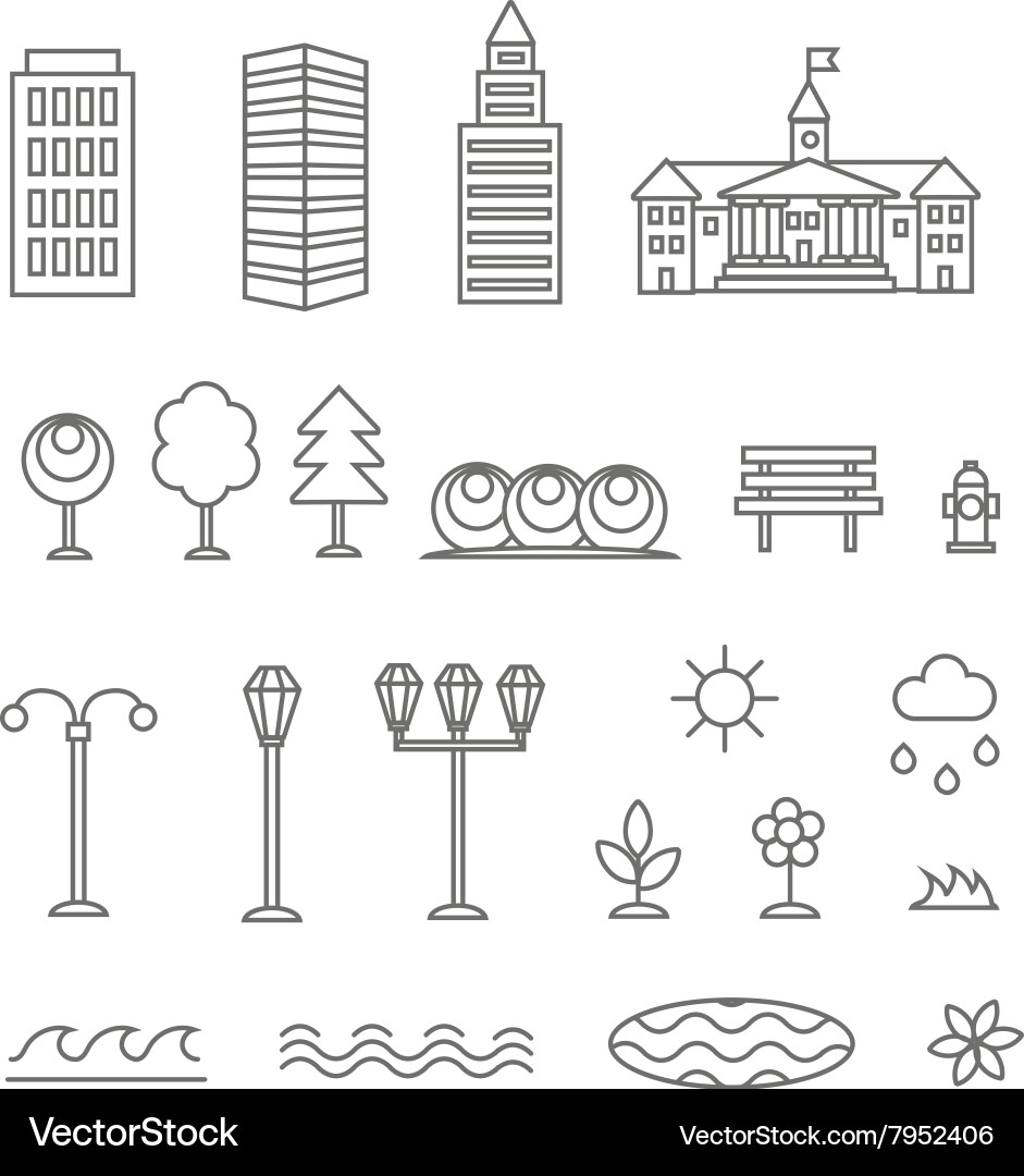 Linear landscape elements icons set line vector image
