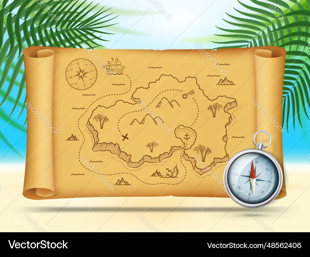 Old pirate map of treasure island on an scroll Vector Image