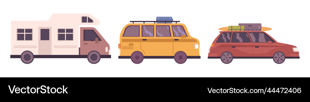 Travel by car recreational vehicle or rv auto set Vector Image