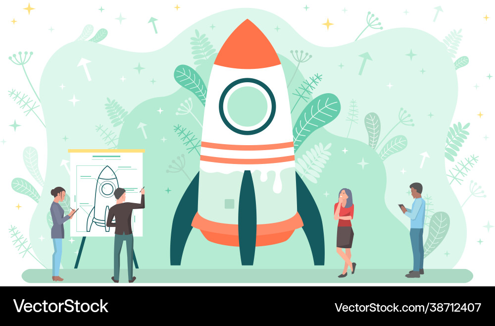 Characters planning rocket launch team is working Vector Image
