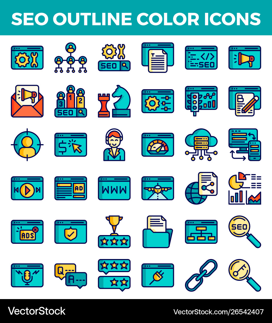 Seo search engine optimization outline color icons Seo search engine optimization outline color icons vector image