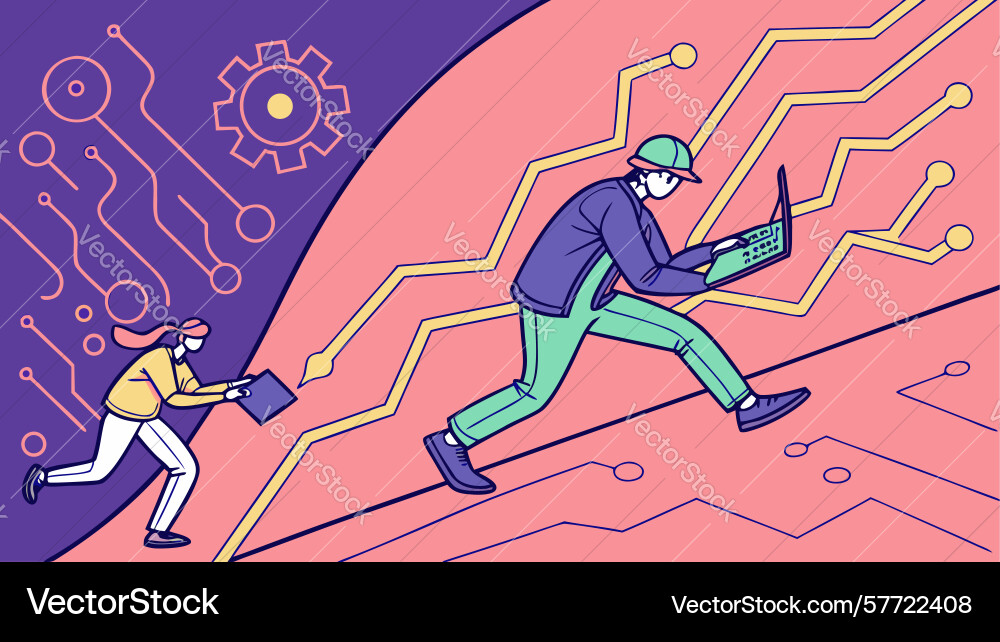 Person running with abstract data flows digital vector image