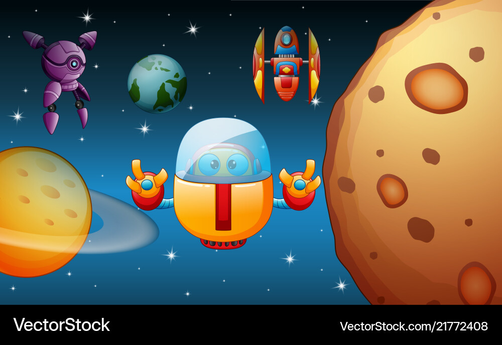 Robots are flying in the space Vector Image