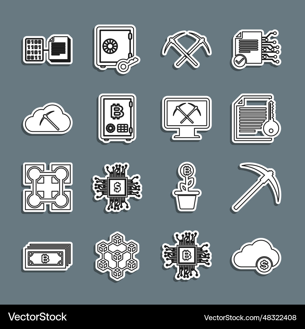 Set line cryptocurrency cloud mining pickaxe Set line cryptocurrency cloud mining pickaxe vector image