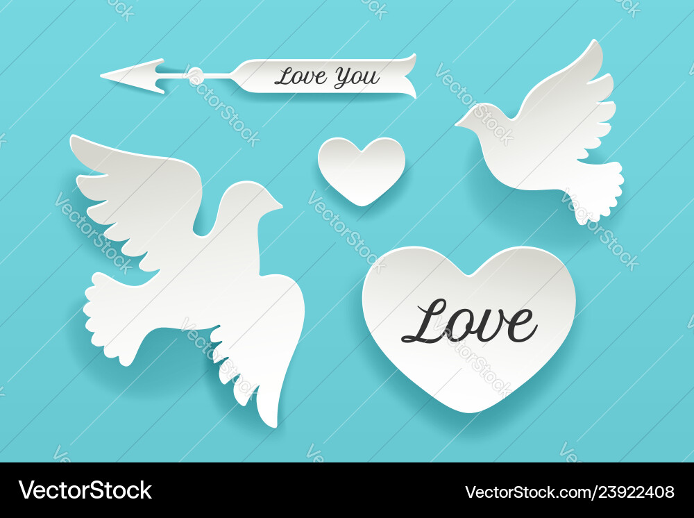 Set of paper objects heart pigeon bird arrow Set of paper objects heart pigeon bird arrow Vector Image