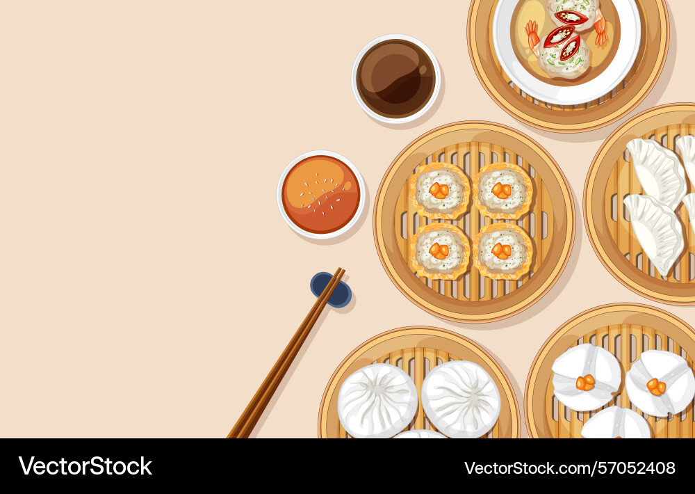 Top-down view of assorted dim sum in bamboo vector image
