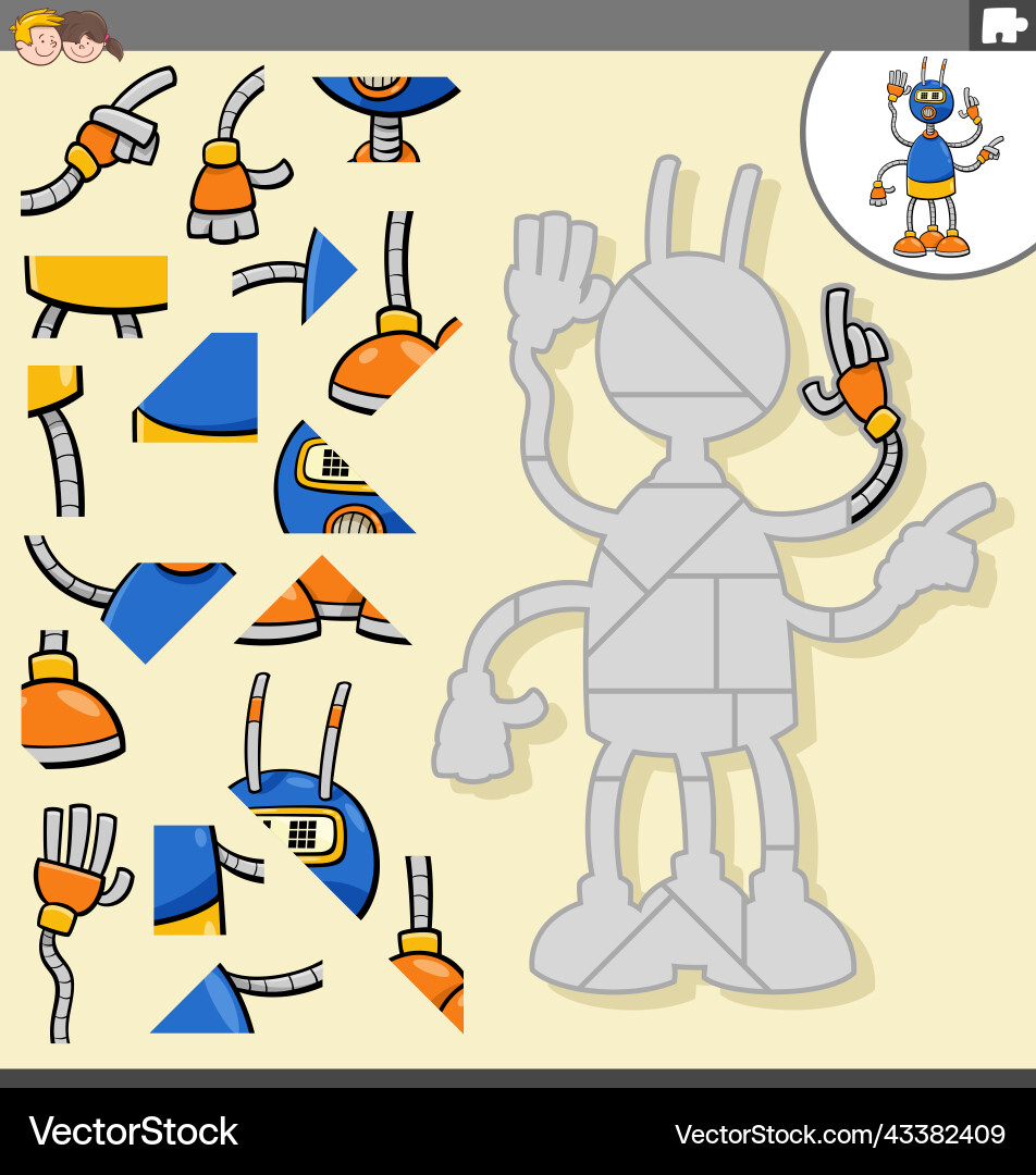 Jigsaw puzzle task with cartoon robot character Jigsaw puzzle task with cartoon robot character vector image