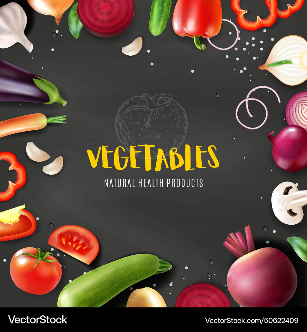 Realistic vegetables chalkboard frame vector image