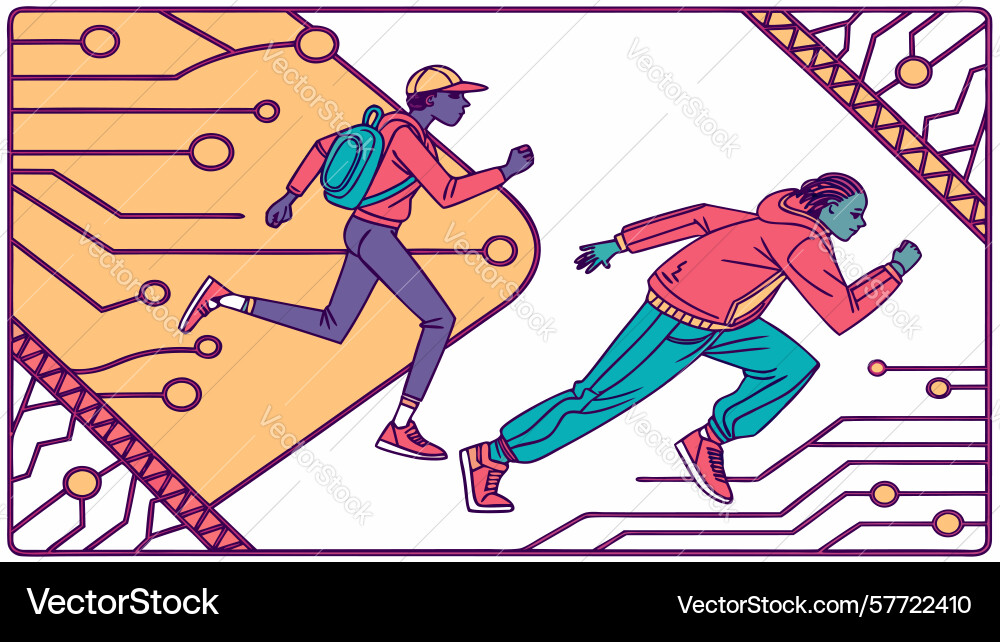 People running connected by data streams tech Vector Image