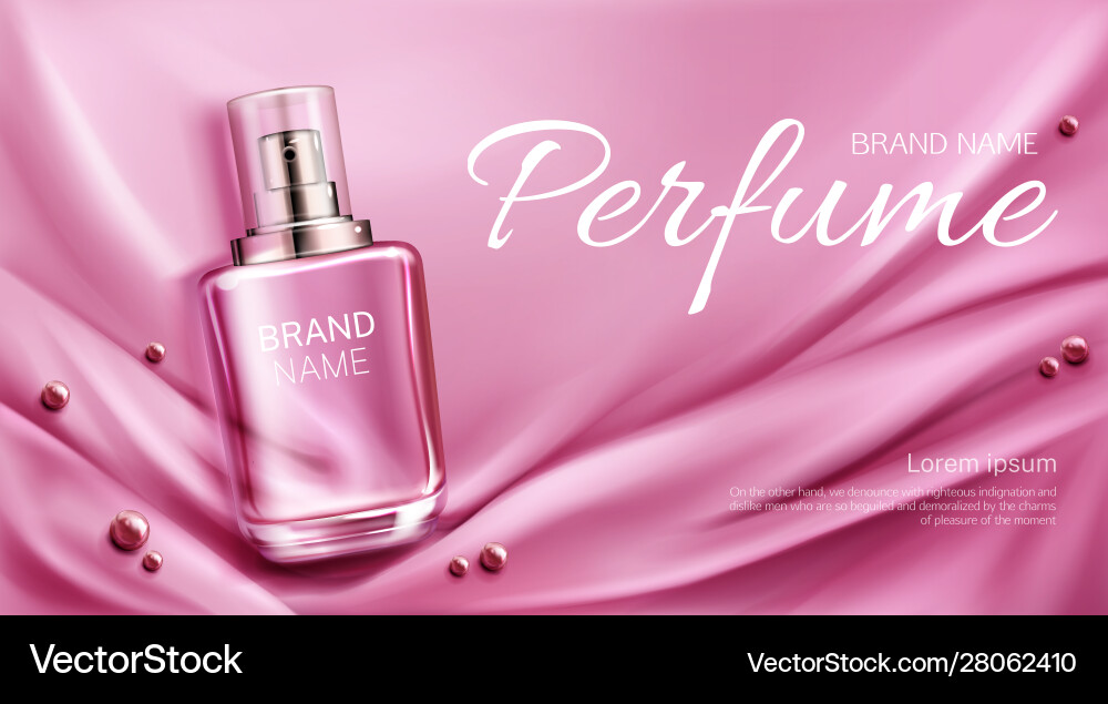 Perfume bottle on folded silk fabric background vector image