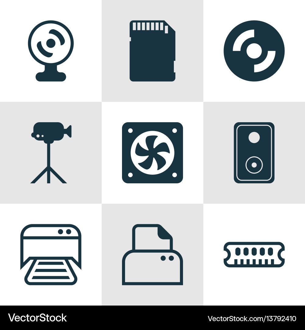 Set of 9 computer hardware icons includes Set of 9 computer hardware icons includes vector image