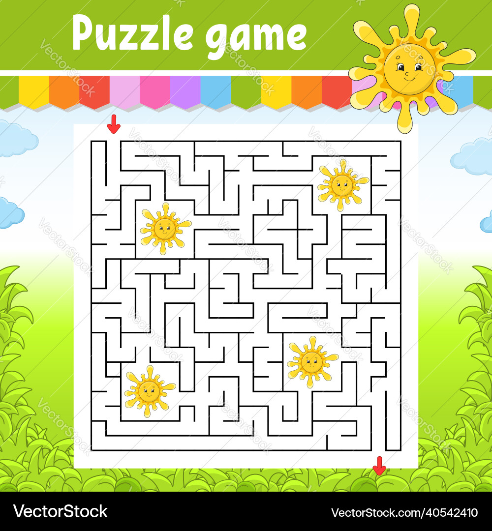 Square maze game for kids cute sun puzzle Square maze game for kids cute sun puzzle vector image