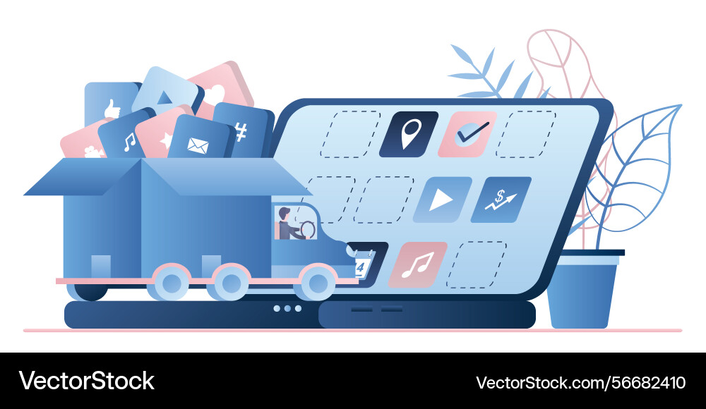 Truck with various applications in open box Vector Image