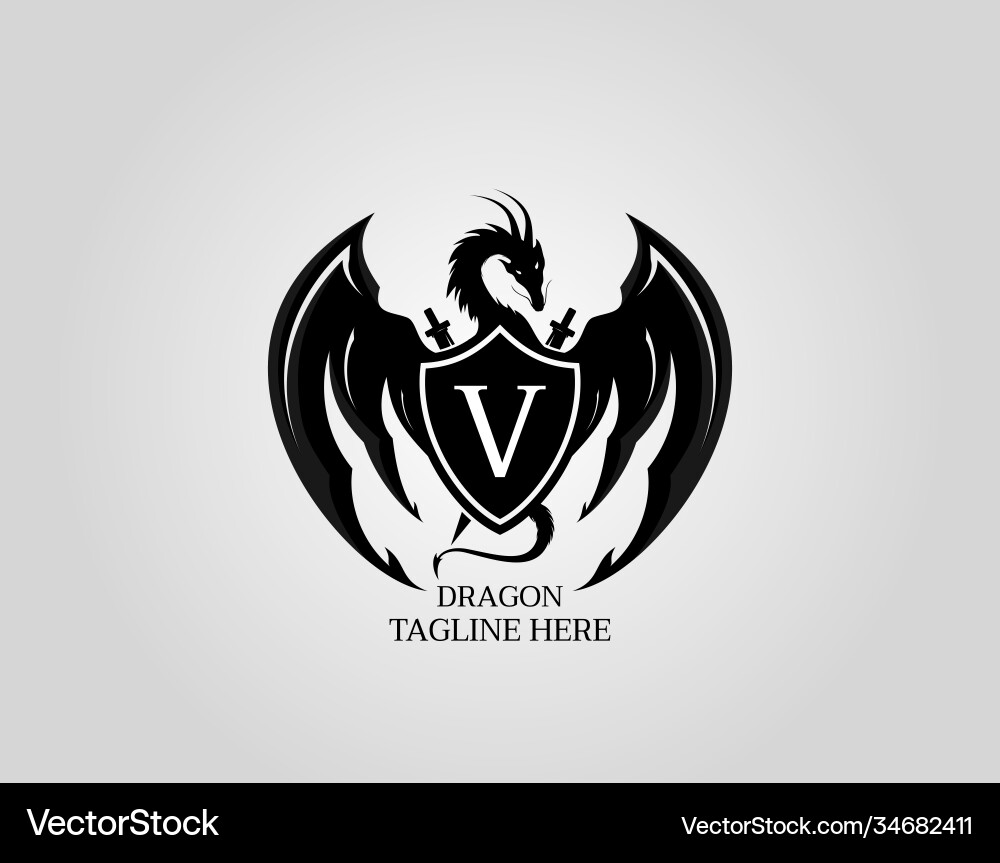 Heraldischer Drachenschild mit v Buchstaben Design Logo Heraldischer Drachenschild mit v Buchstaben Design Logo vektorbild