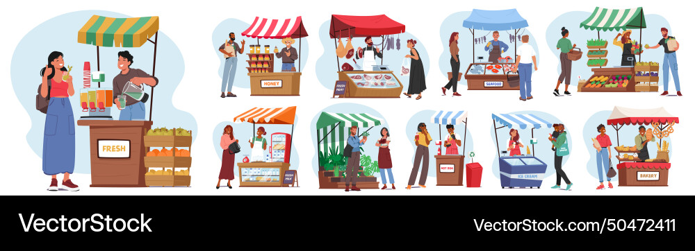 Set of farmers stalls with natural farming Set of farmers stalls with natural farming vector image