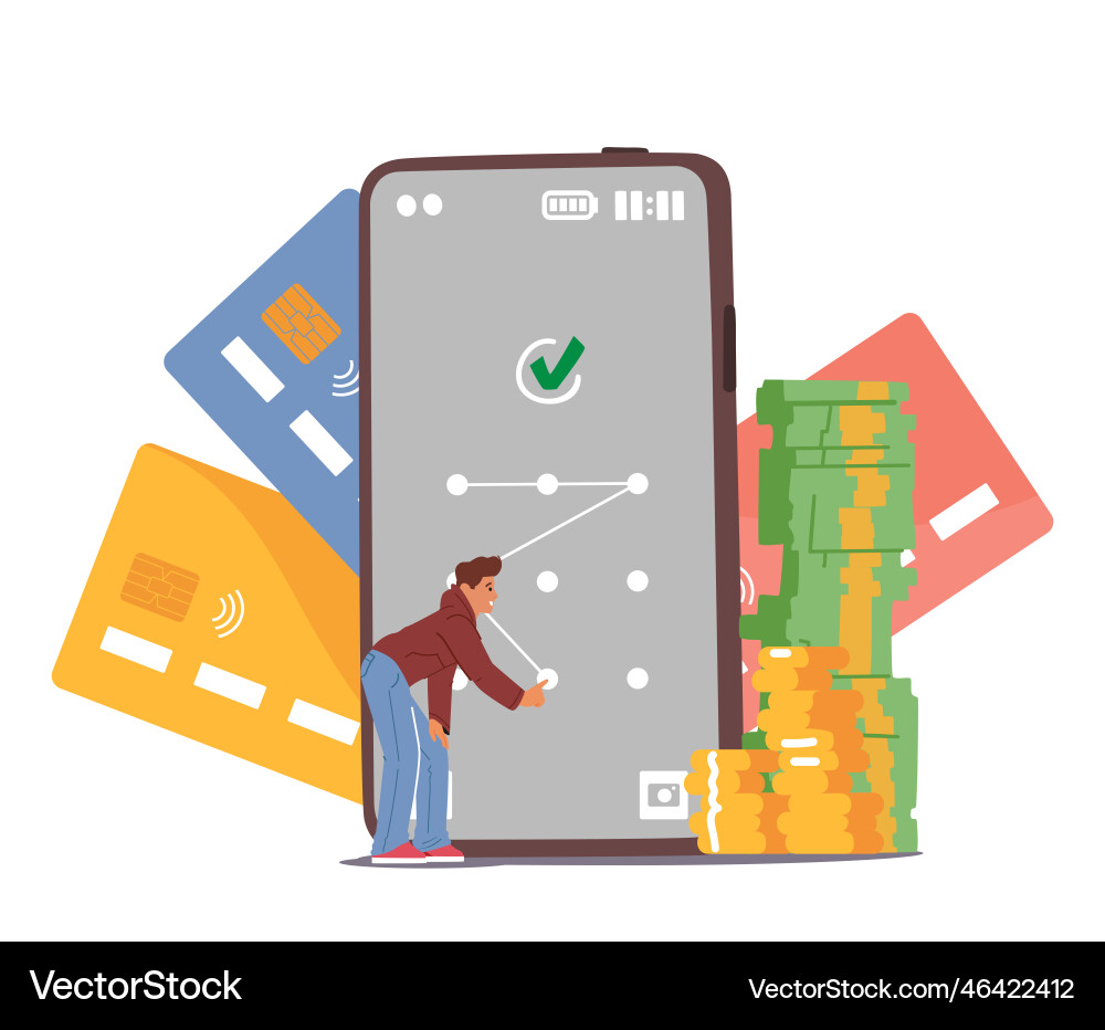 Tiny male character enter password pattern on huge Tiny male character enter password pattern on huge vector image