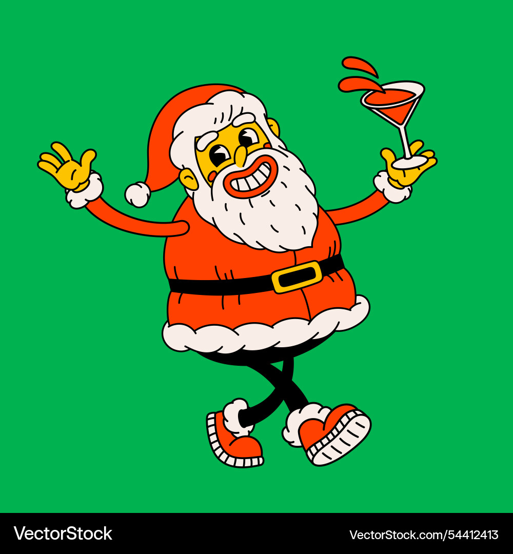 Happy santa claus with cocktail groovy vintage Happy santa claus with cocktail groovy vintage vector image