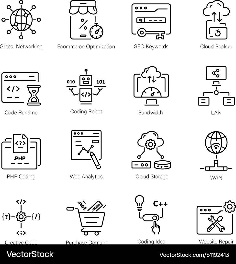 Pack of coding and seo linear icons vector image