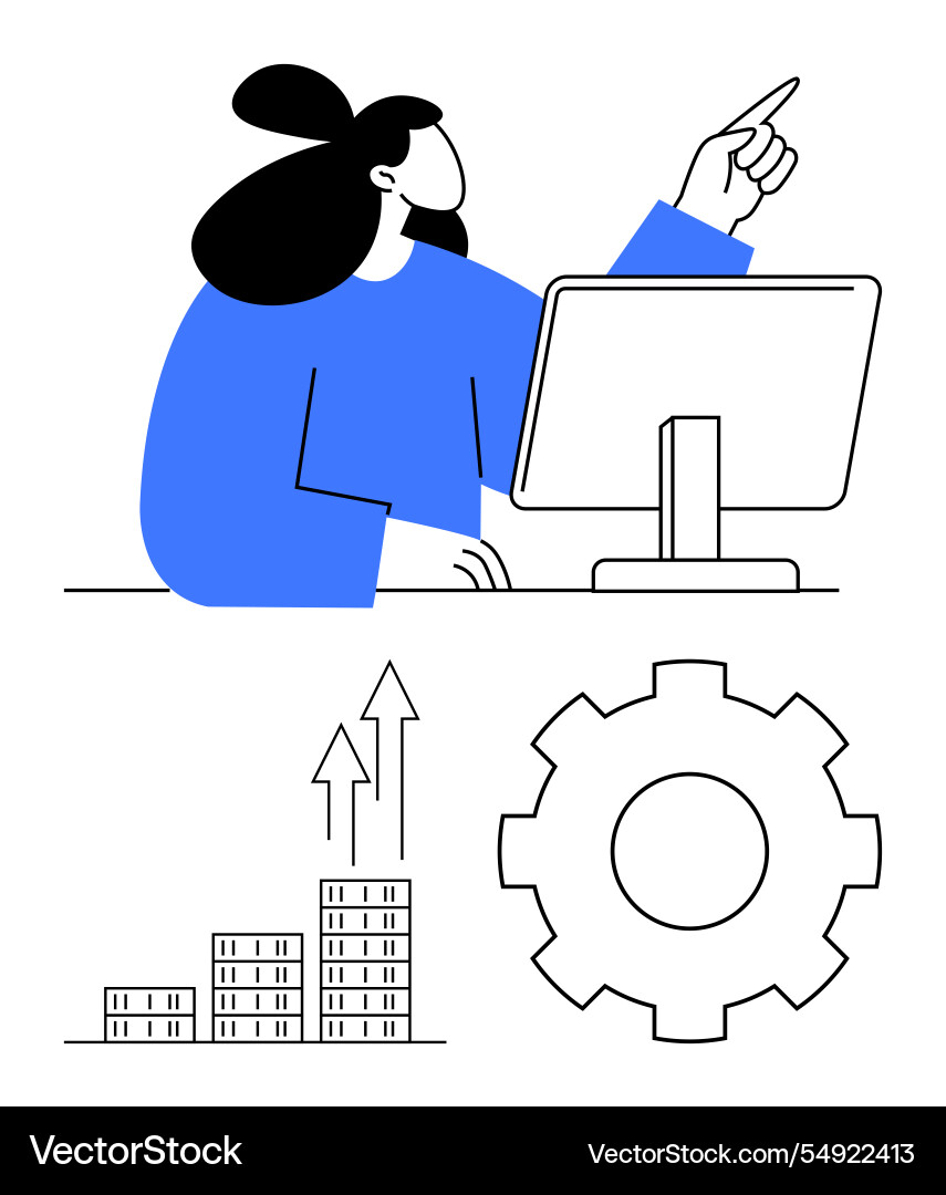 Woman pointing while working at computer with gear Woman pointing while working at computer with gear Vector Image