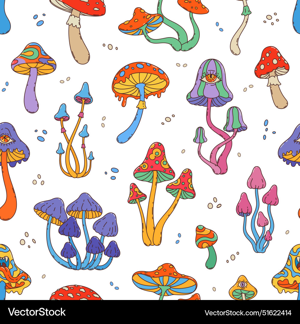 Groovy mushrooms seamless pattern tile background Groovy mushrooms seamless pattern tile background vector image