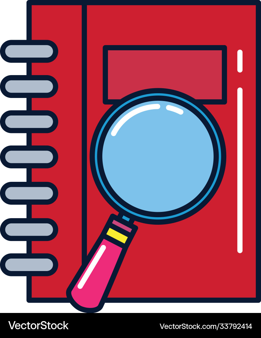 Notebook with magnifying glass line and fill vector image