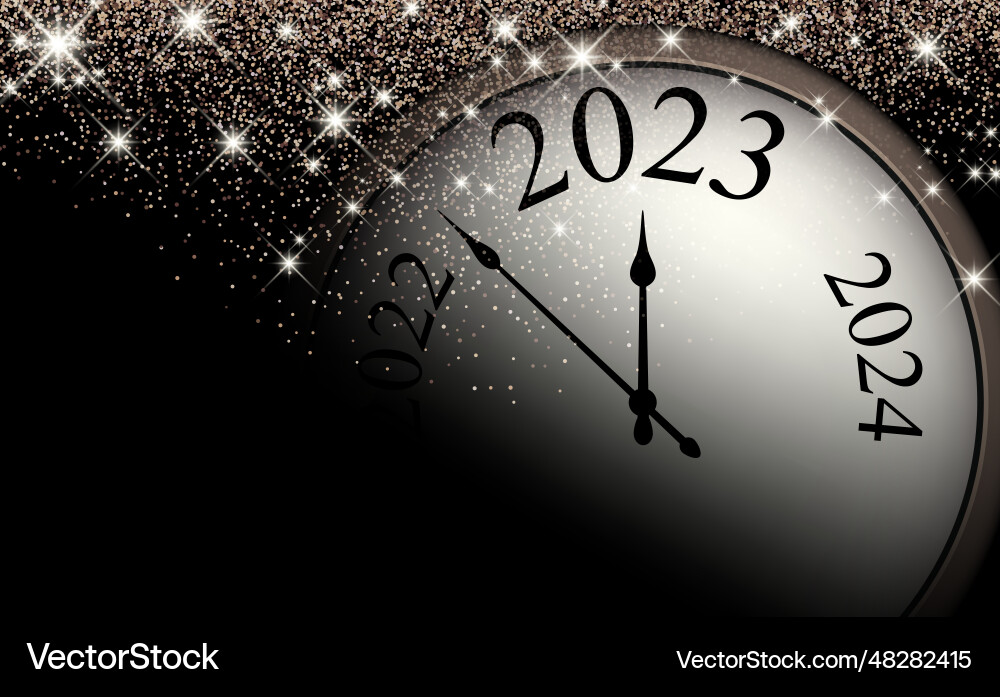 Half-hidden clock showing 2023 with sparkling Half-hidden clock showing 2023 with sparkling vector image
