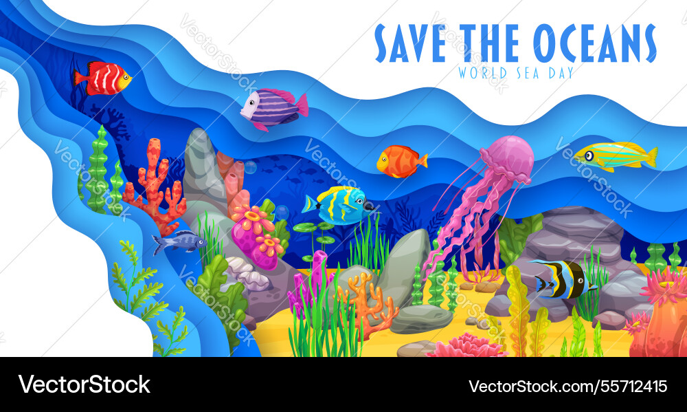 Papier schneiden Unterwasser Meer Landschaft Banner Fische Papier schneiden Unterwasser Meer Landschaft Banner Fische vektorbild
