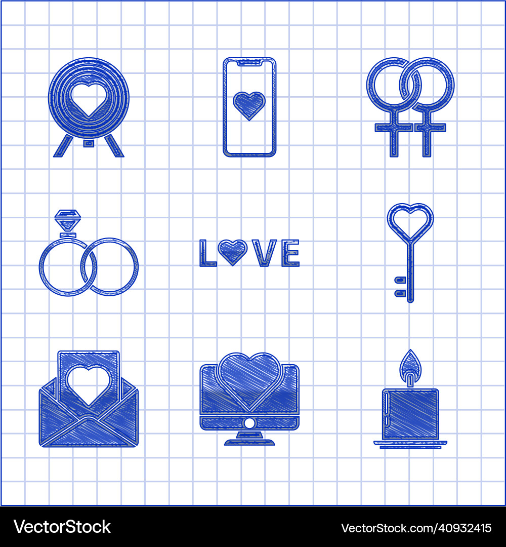 Set love text computer monitor with heart Set love text computer monitor with heart vector image