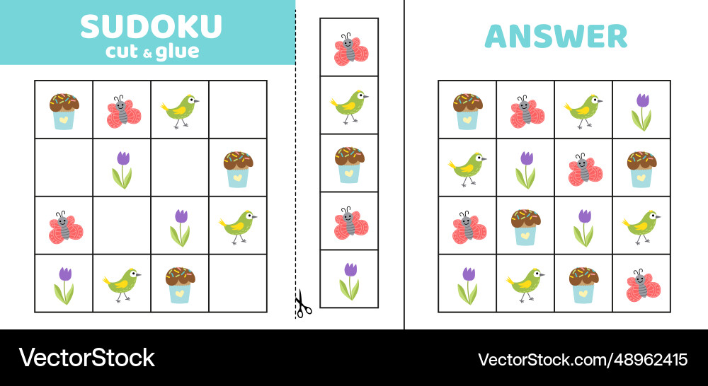 Sudoku with spring elements cupcake bird Vector Image