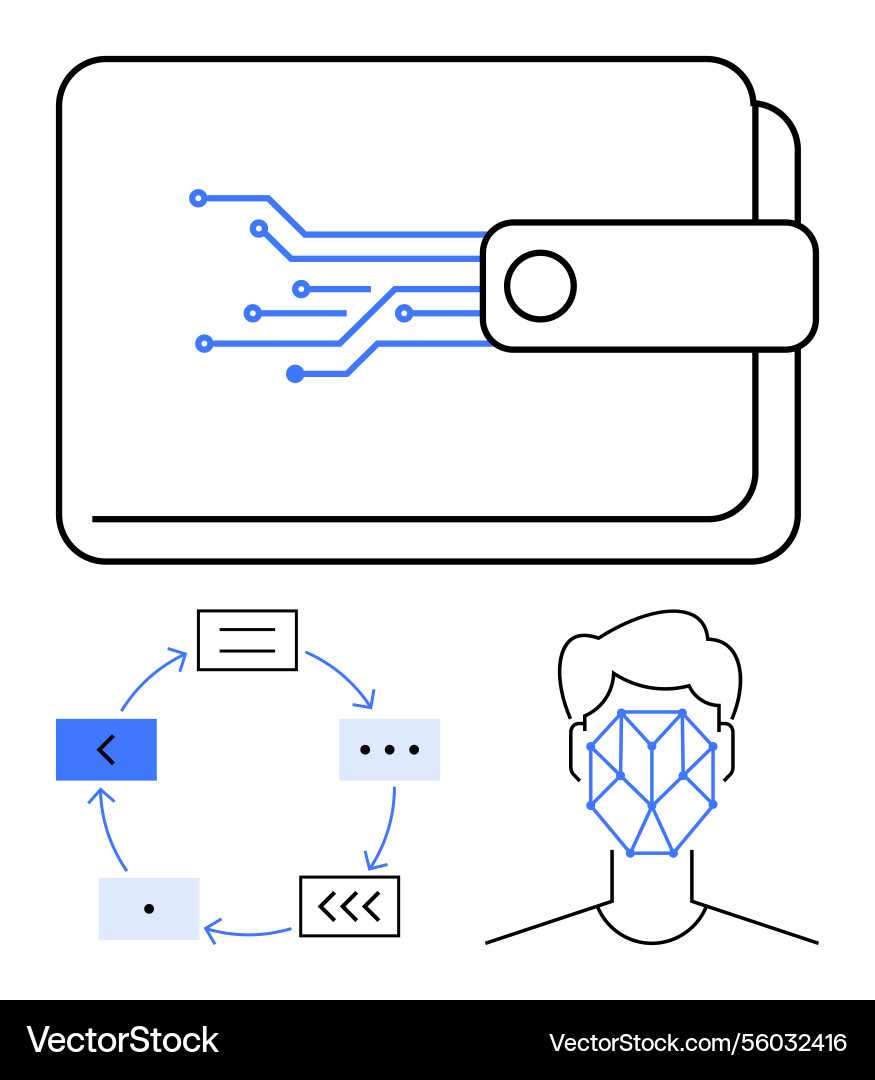 Digital wallet with biometric face recognition Digital wallet with biometric face recognition vector image