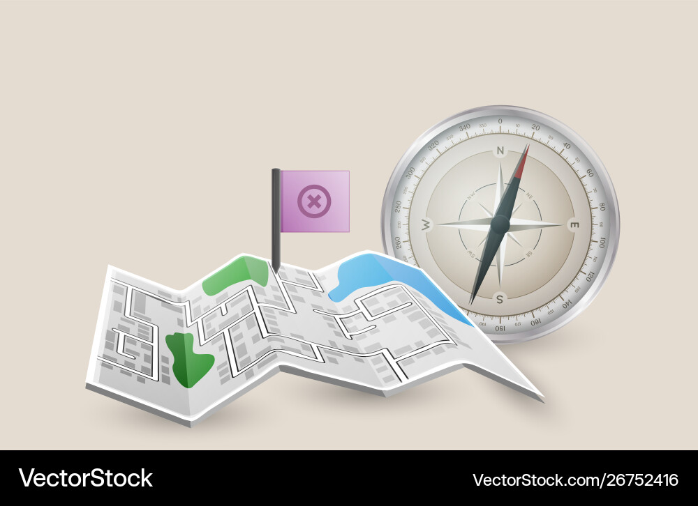 Folded paper map with pointer flag and compass Folded paper map with pointer flag and compass vector image