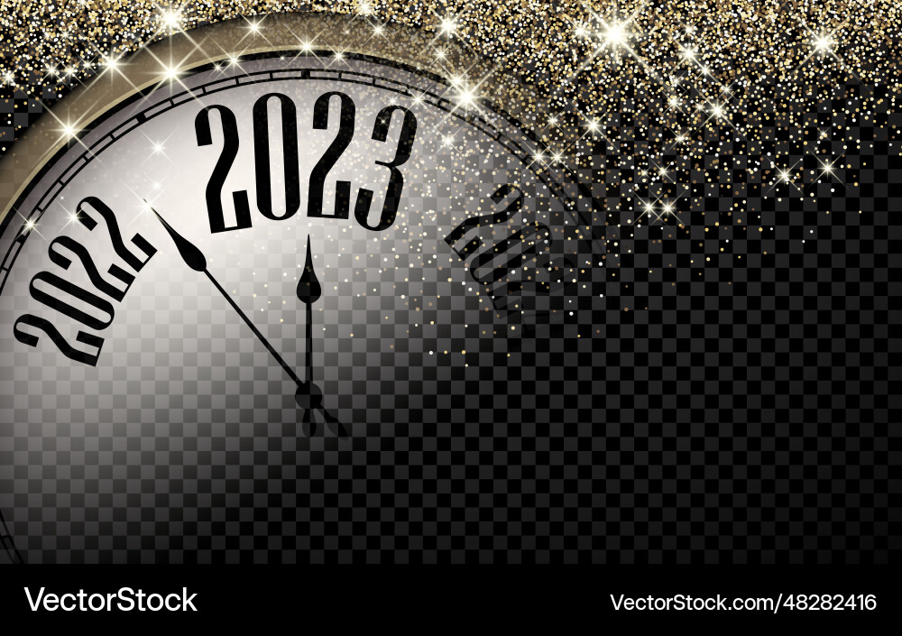 Half-hidden clock showing 2023 with sparkling Half-hidden clock showing 2023 with sparkling vector image