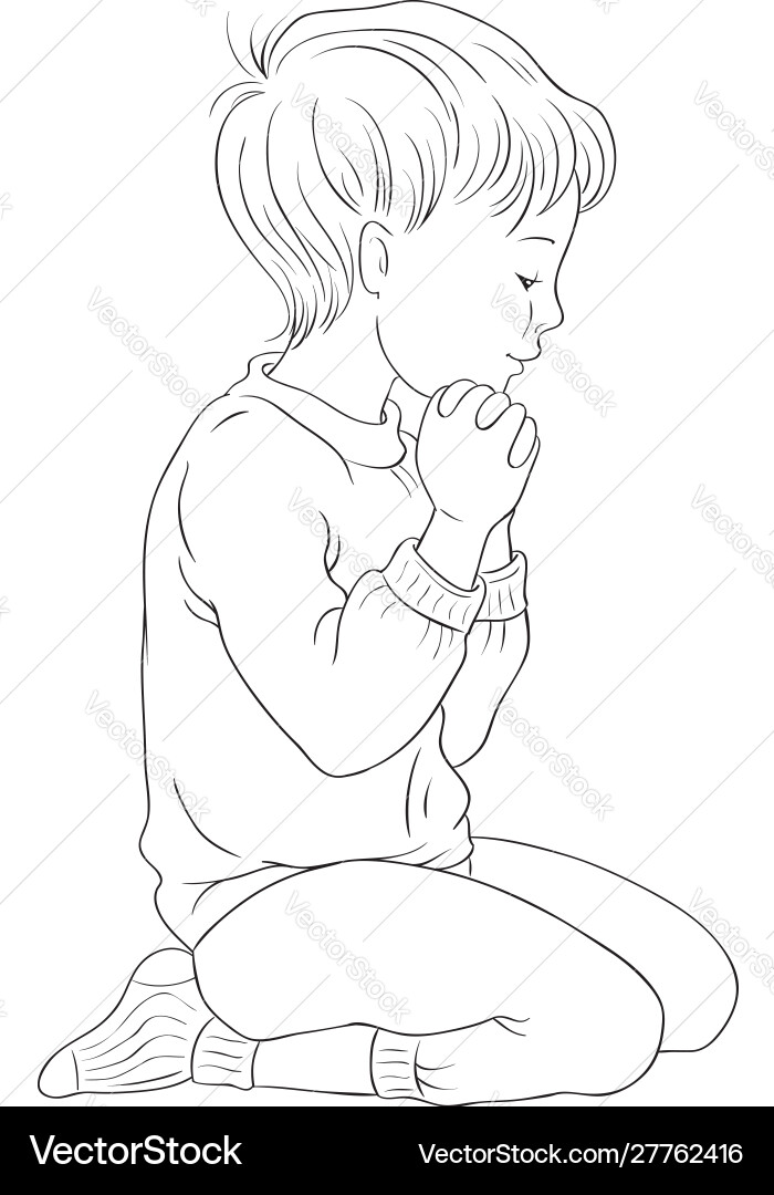 Little boy kneeling down in pray coloring page Little boy kneeling down in pray coloring page vector image