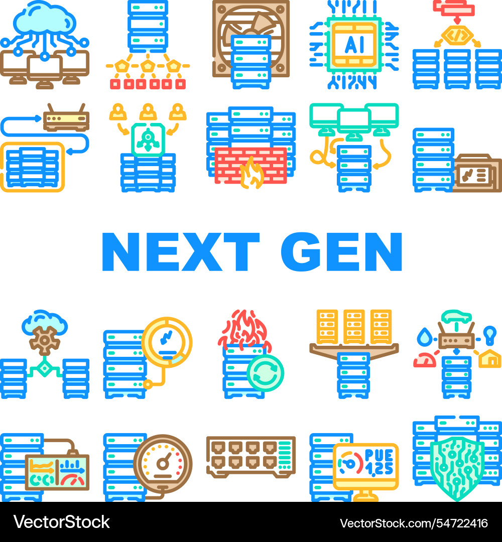 Next gen data center virtual icons set Next gen data center virtual icons set vector image